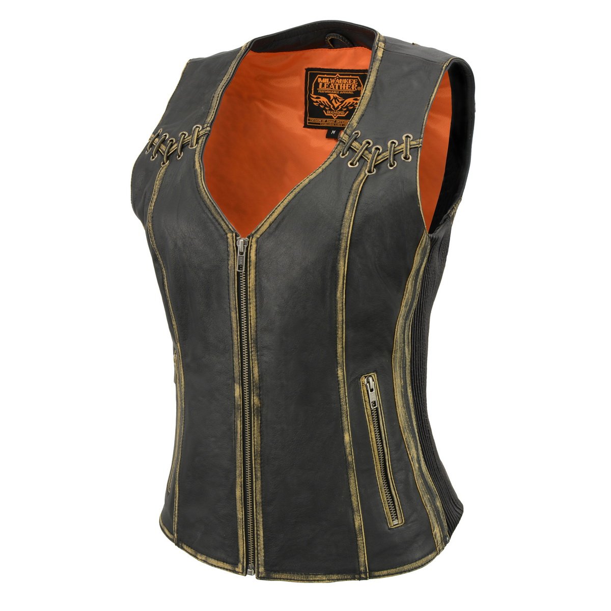 MLL4527 Women's Stretch Side Panel Distress Brown Leather Motorcycle Rider Vest w/ Lacing Detail