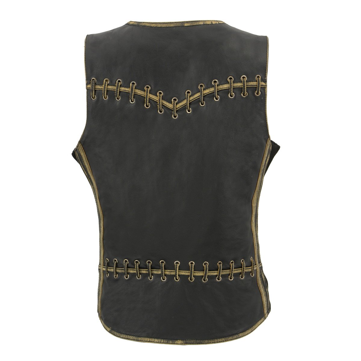 MLL4527 Women's Stretch Side Panel Distress Brown Leather Motorcycle Rider Vest w/ Lacing Detail