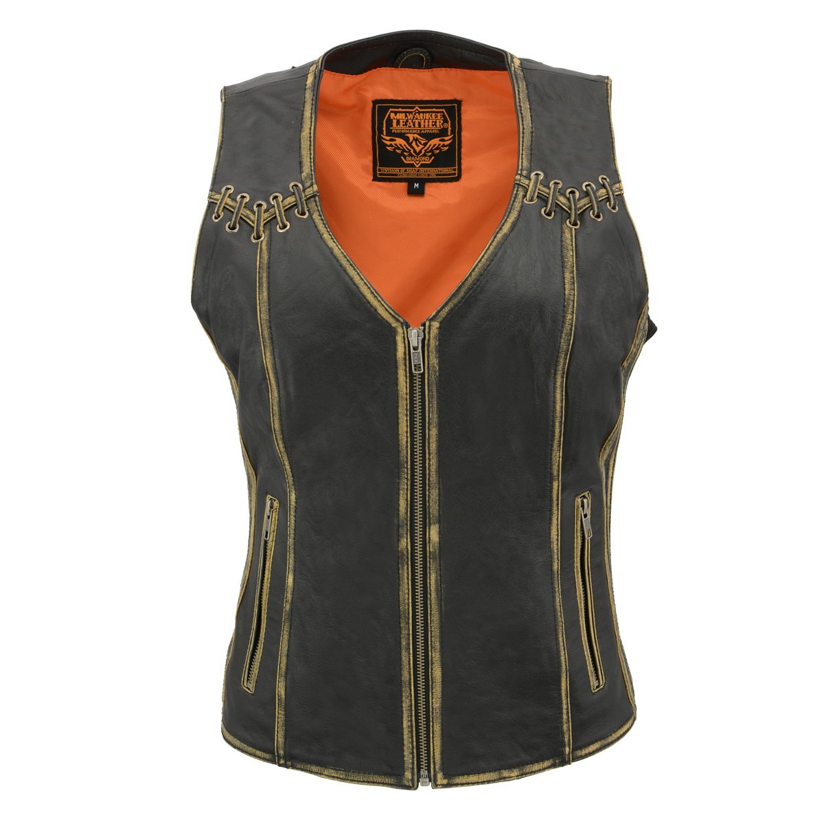 MLL4527 Women's Stretch Side Panel Distress Brown Leather Motorcycle Rider Vest w/ Lacing Detail