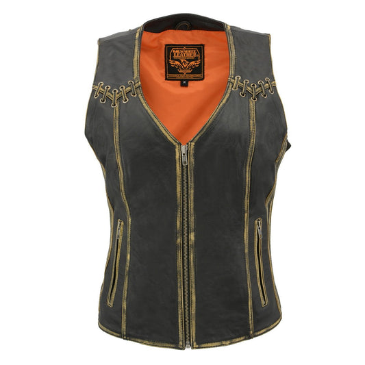 MLL4527 Women's Stretch Side Panel Distress Brown Leather Motorcycle Rider Vest w/ Lacing Detail