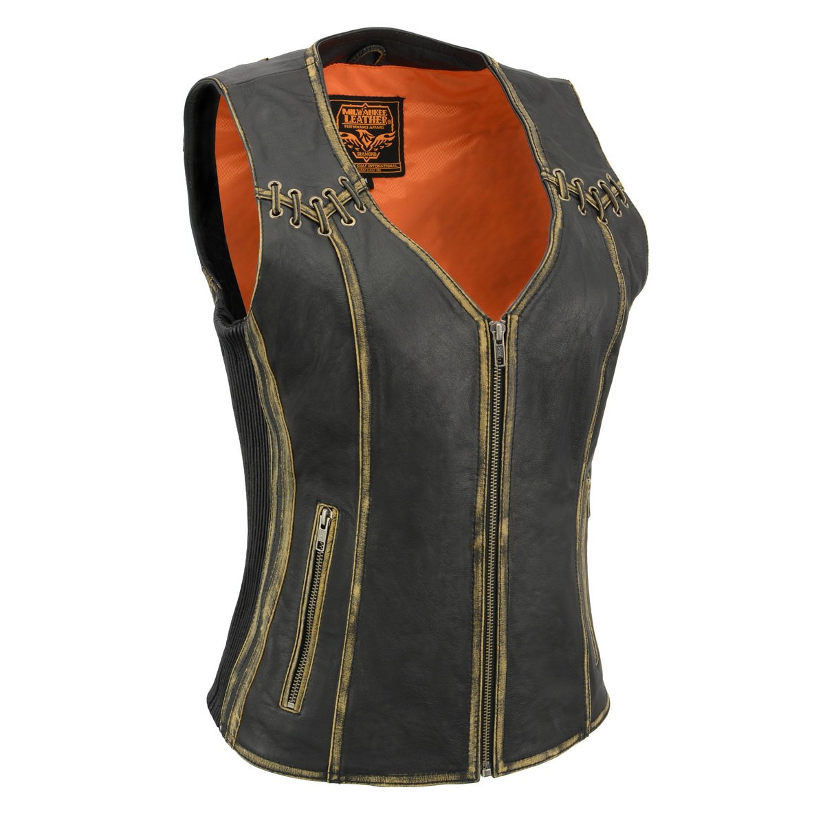 MLL4527 Women's Stretch Side Panel Distress Brown Leather Motorcycle Rider Vest w/ Lacing Detail