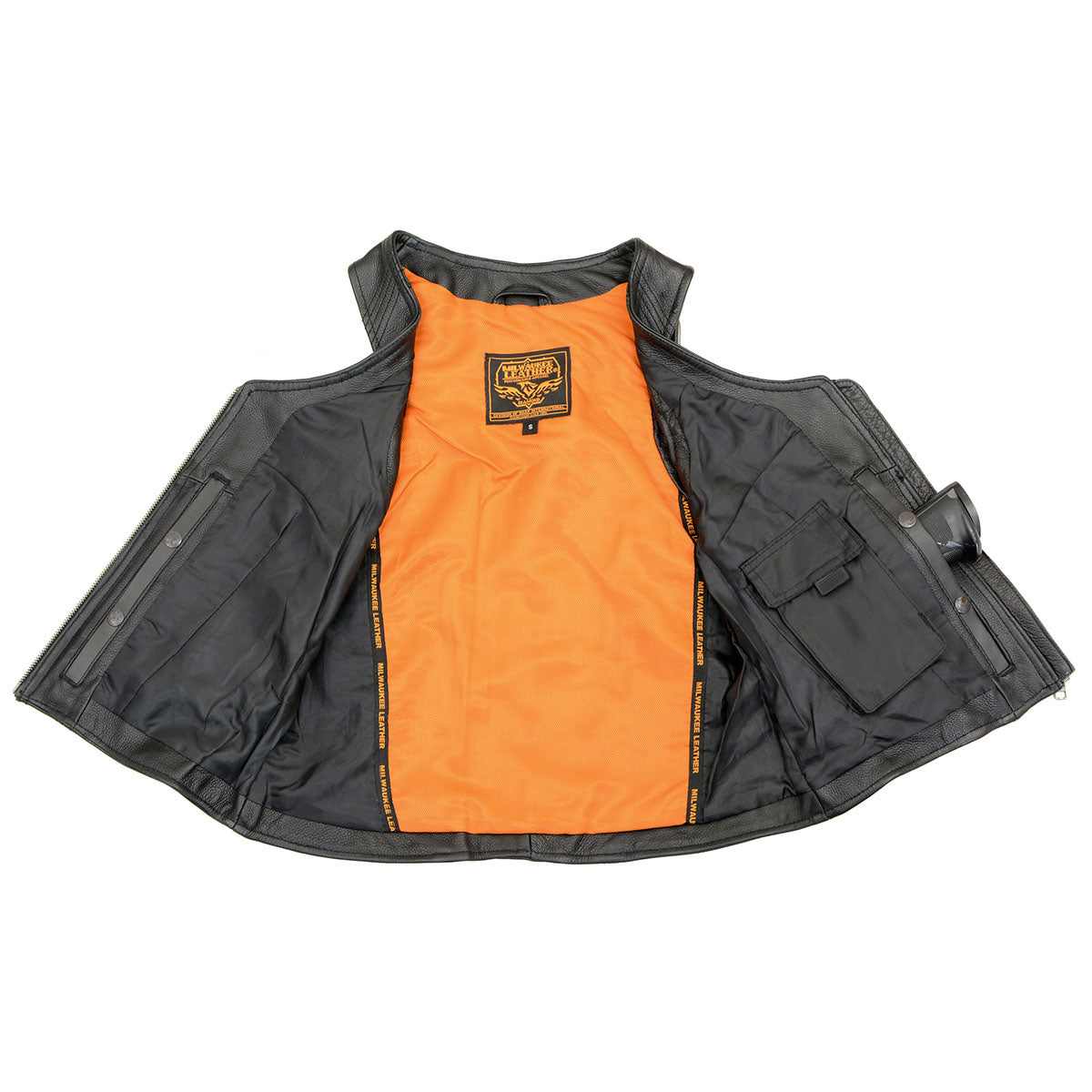 MLL4530 Women's Black Leather Open Neck Motorcycle Rider Vest W/ Front Zip and Stitching detail