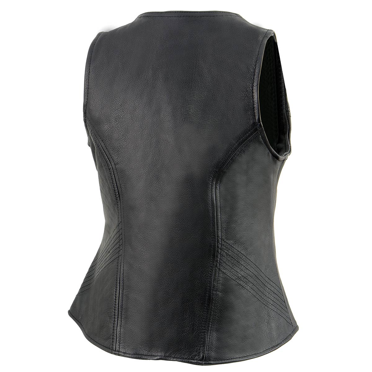 MLL4530 Women's Black Leather Open Neck Motorcycle Rider Vest W/ Front Zip and Stitching detail