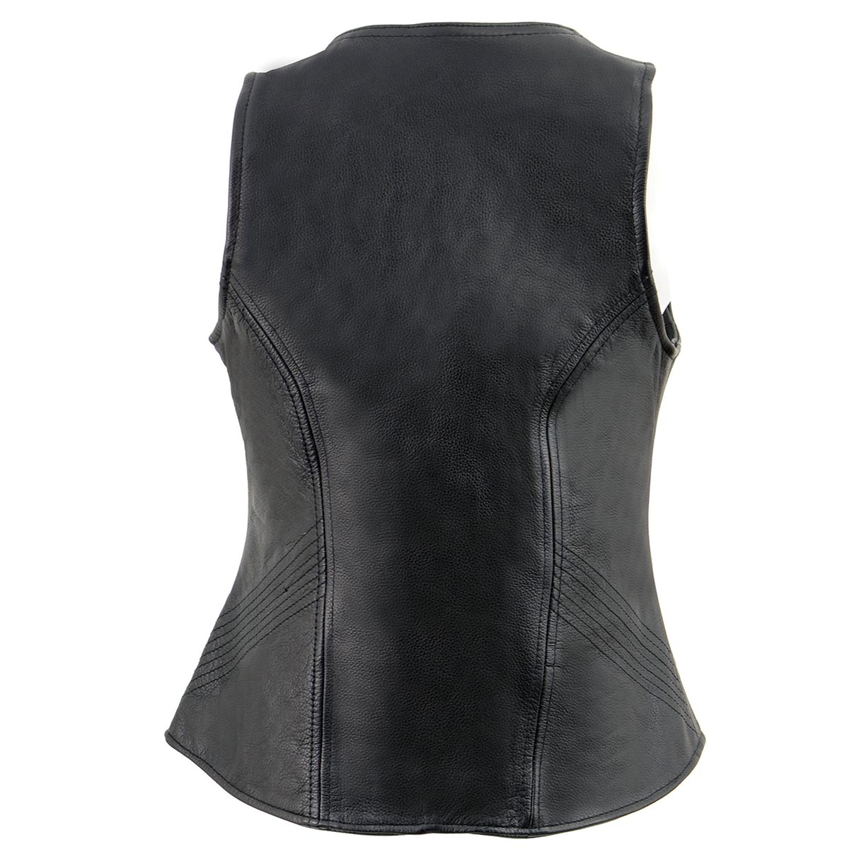 MLL4530 Women's Black Leather Open Neck Motorcycle Rider Vest W/ Front Zip and Stitching detail