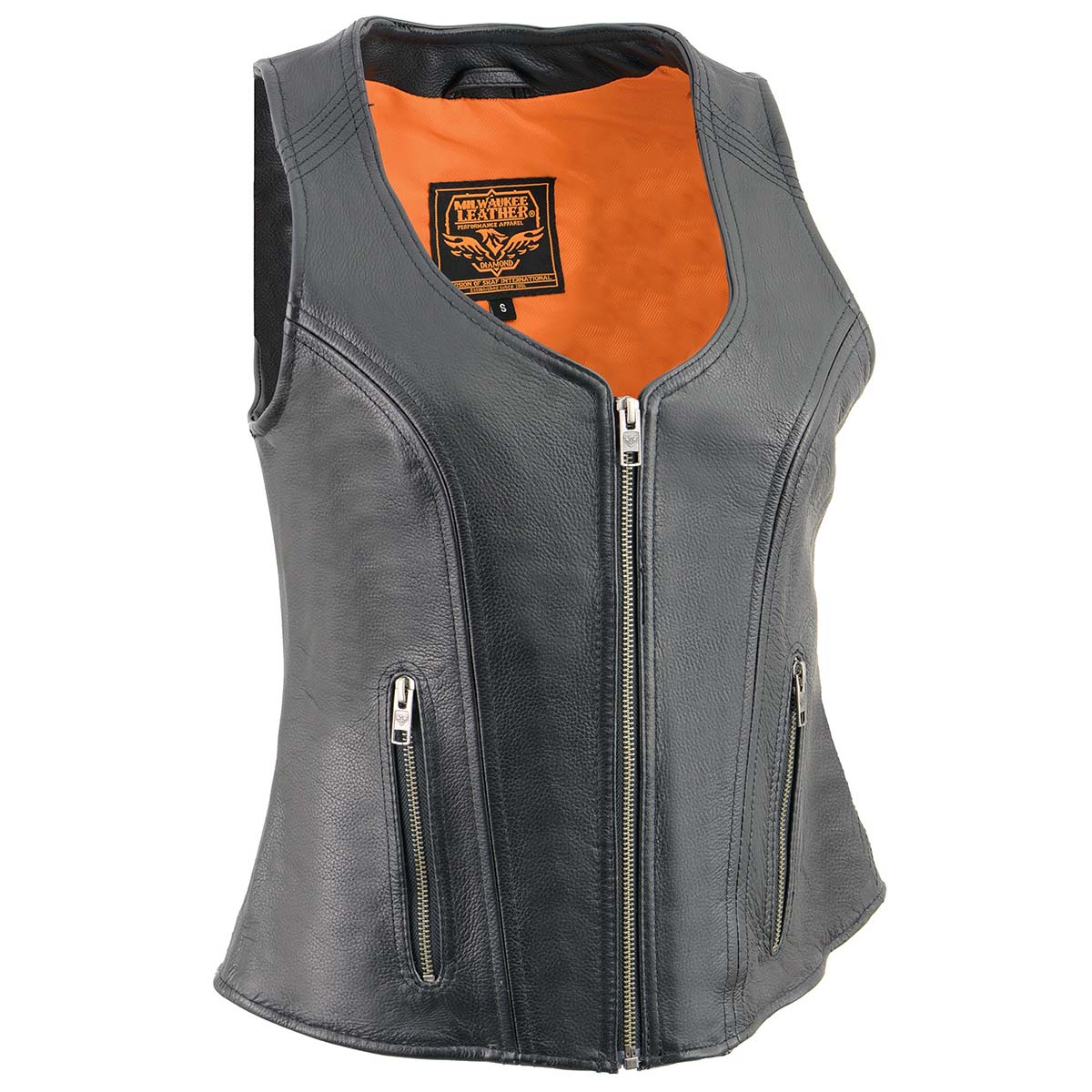 MLL4530 Women's Black Leather Open Neck Motorcycle Rider Vest W/ Front Zip and Stitching detail