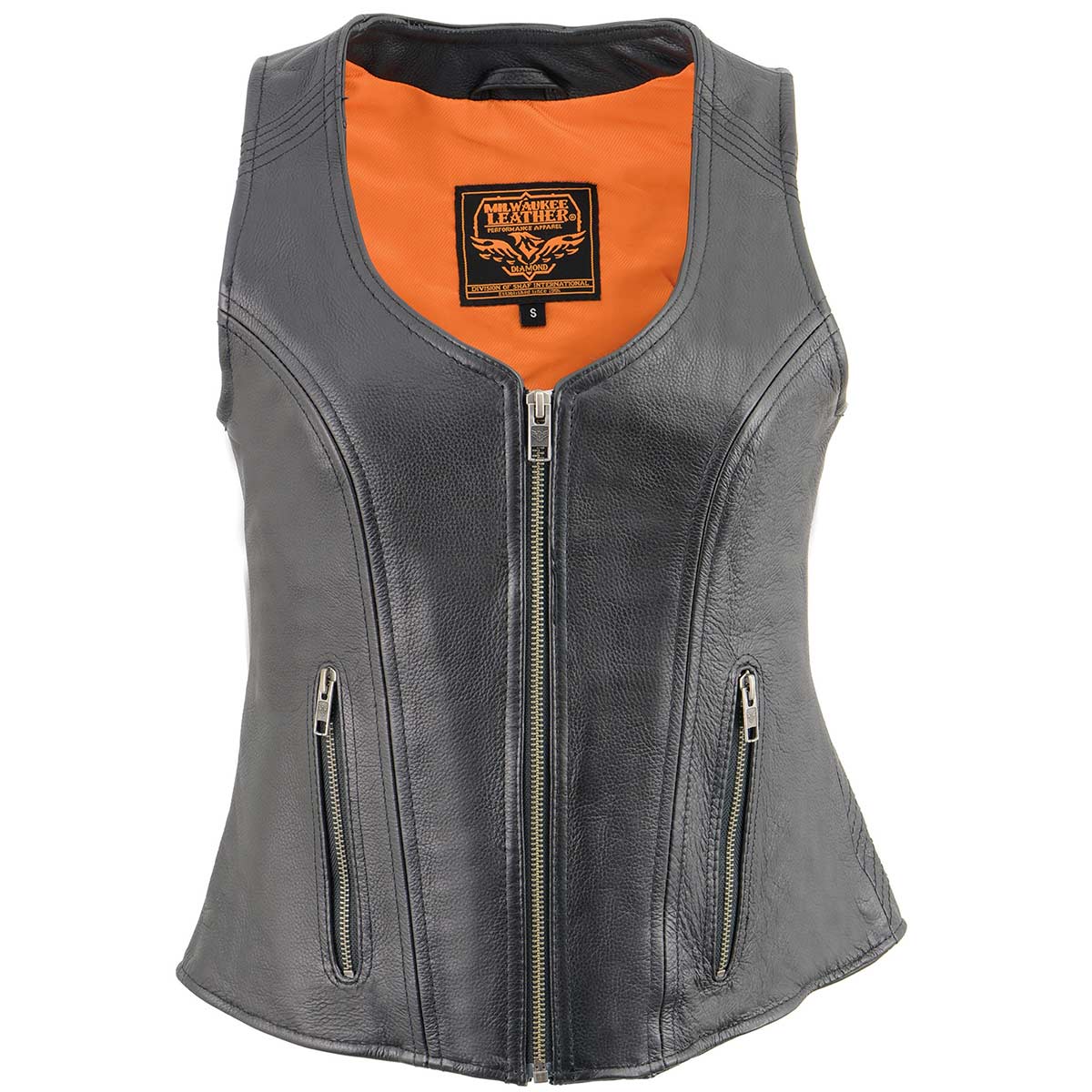 MLL4530 Women's Black Leather Open Neck Motorcycle Rider Vest W/ Front Zip and Stitching detail