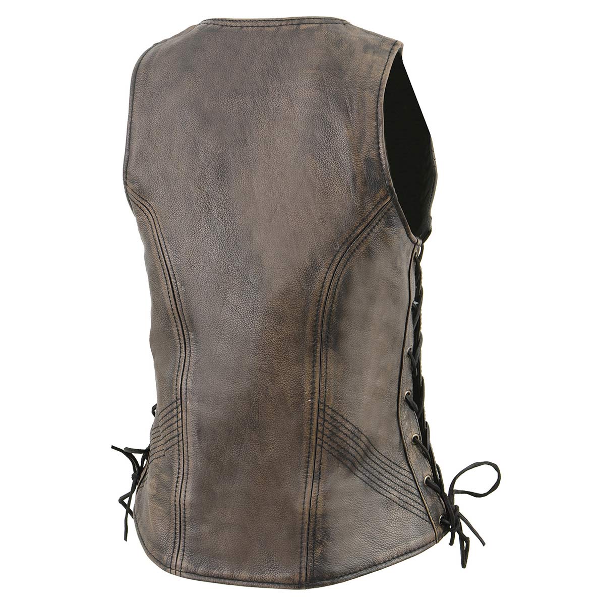 Women's Distress Brown Leather V-Neck Motorcycle Rider Vest with Side Lace MLL4531