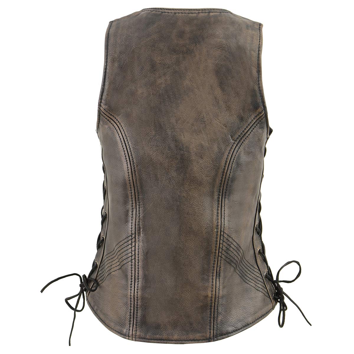 Women's Distress Brown Leather V-Neck Motorcycle Rider Vest with Side Lace MLL4531