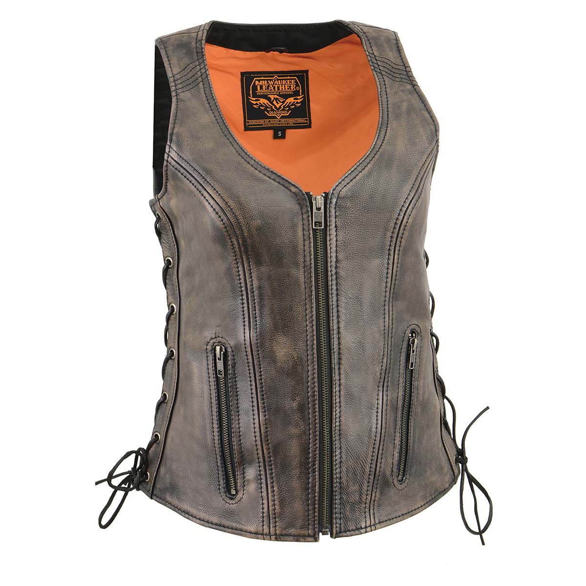 Women's Distress Brown Leather V-Neck Motorcycle Rider Vest with Side Lace MLL4531