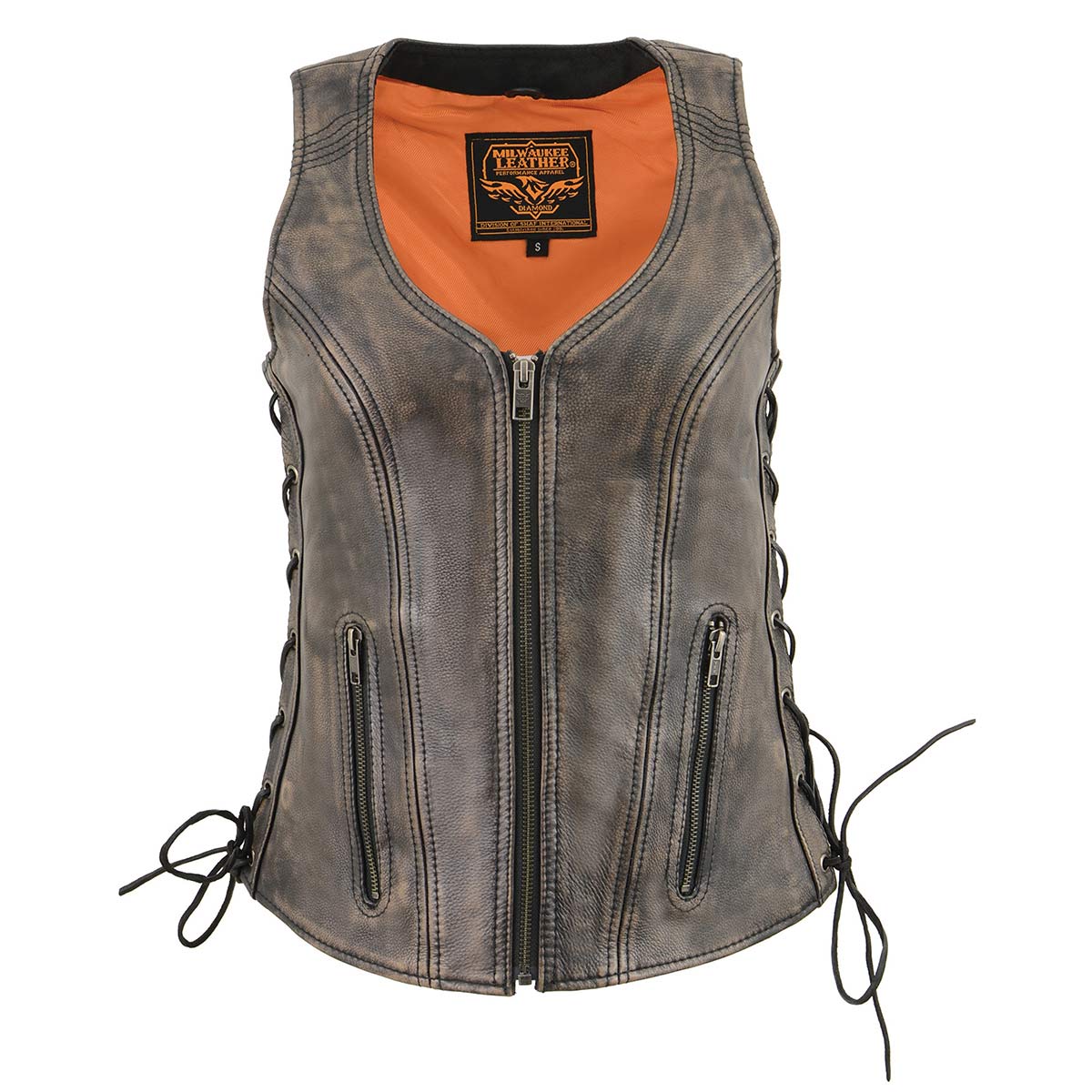 Women's Distress Brown Leather V-Neck Motorcycle Rider Vest with Side Lace MLL4531
