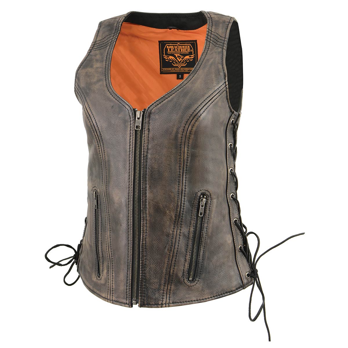 Women's Distress Brown Leather V-Neck Motorcycle Rider Vest with Side Lace MLL4531