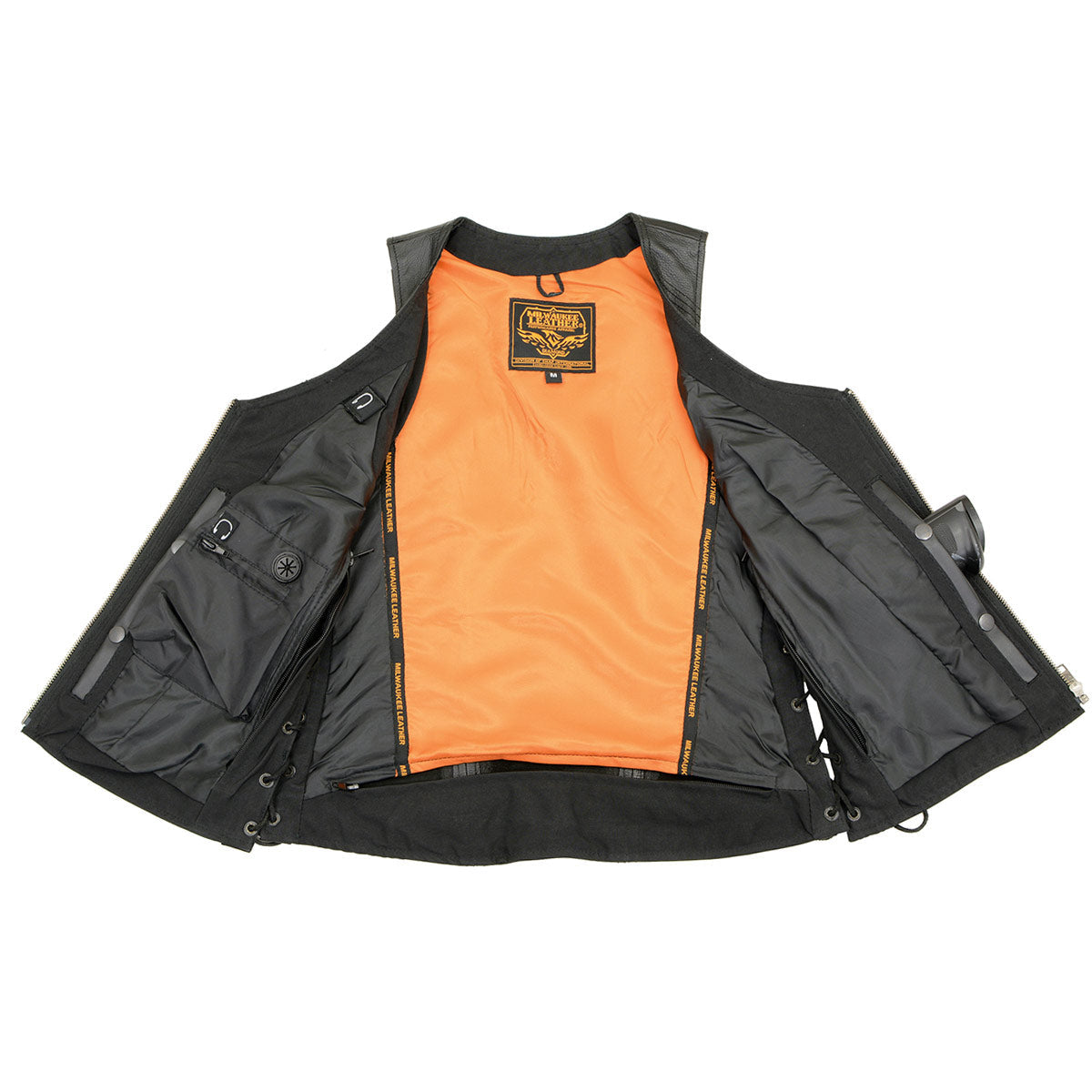 Women's Black Leather V-Neck Motorcycle Rider Vest with Side Lace MLL4531