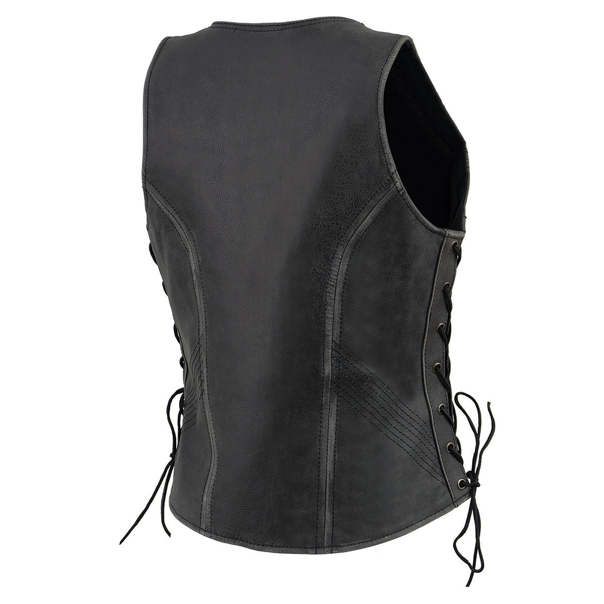 Women's V-Neck Distress Grey Premium Leather Motorcycle Rider Vest w/ Side Laces MLL4531