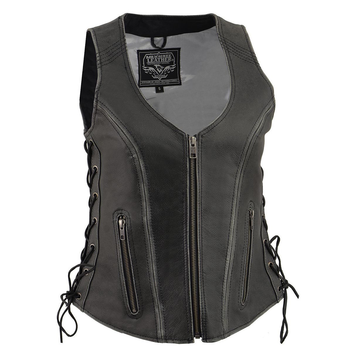 Women's V-Neck Distress Grey Premium Leather Motorcycle Rider Vest w/ Side Laces MLL4531
