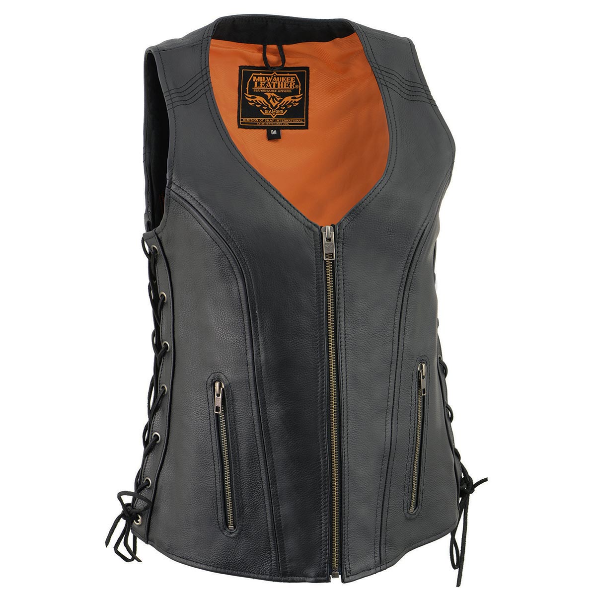 Women's Black Leather V-Neck Motorcycle Rider Vest with Side Lace MLL4531