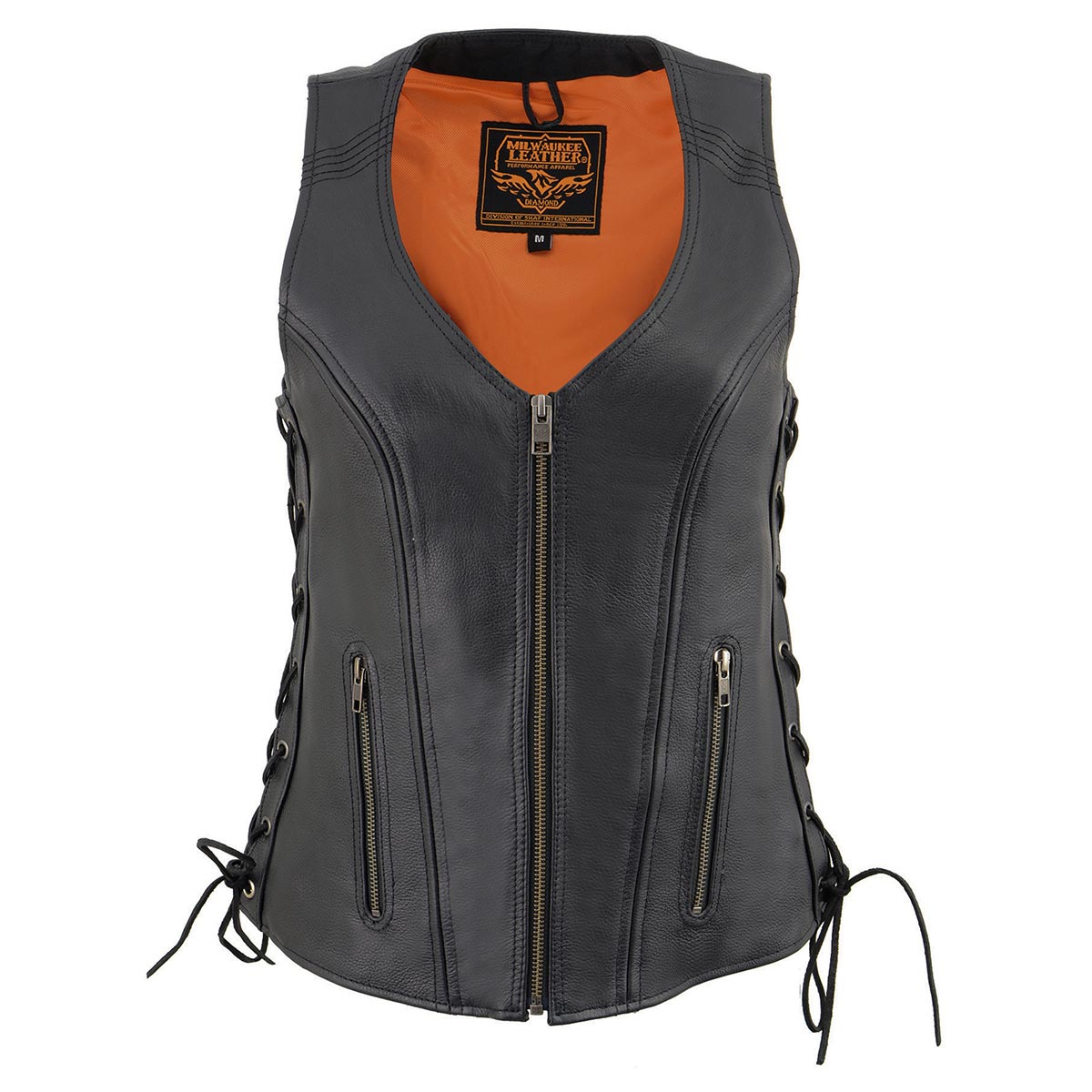 Women's Black Leather V-Neck Motorcycle Rider Vest with Side Lace MLL4531