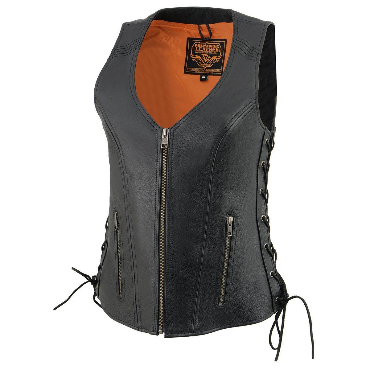 Women's Black Leather V-Neck Motorcycle Rider Vest with Side Lace MLL4531