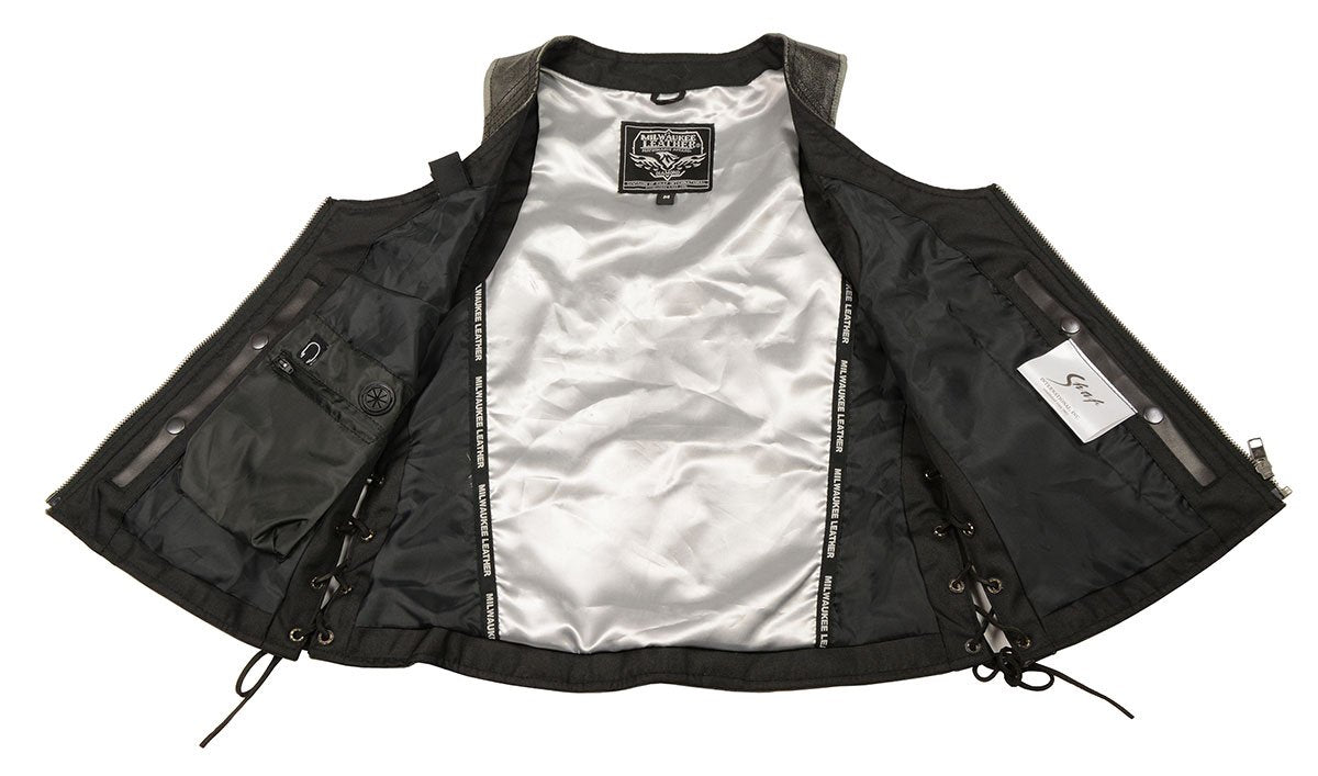 Women's Distress Brown Leather V-Neck Motorcycle Rider Vest with Side Lace MLL4531