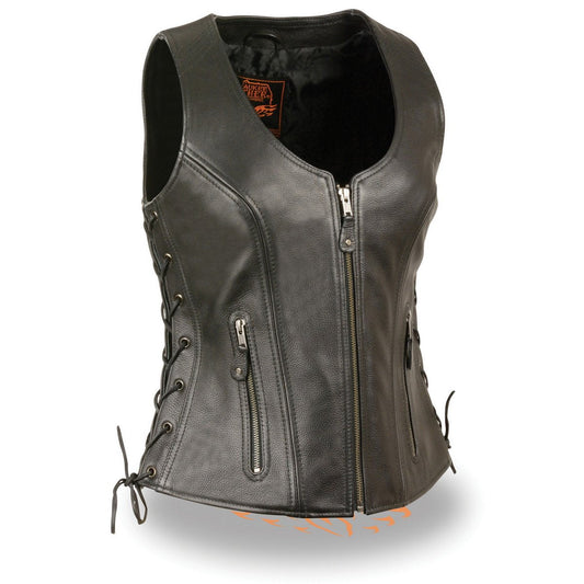Women's Black Leather V-Neck Motorcycle Rider Vest with Side Lace MLL4531
