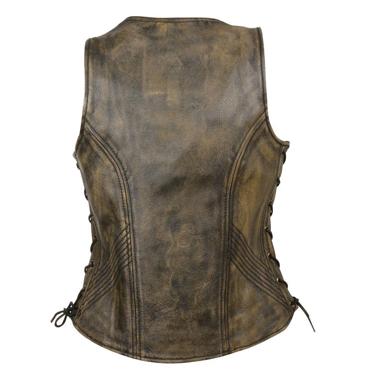Women's Distress Brown Leather V-Neck Motorcycle Rider Vest with Side Lace MLL4531
