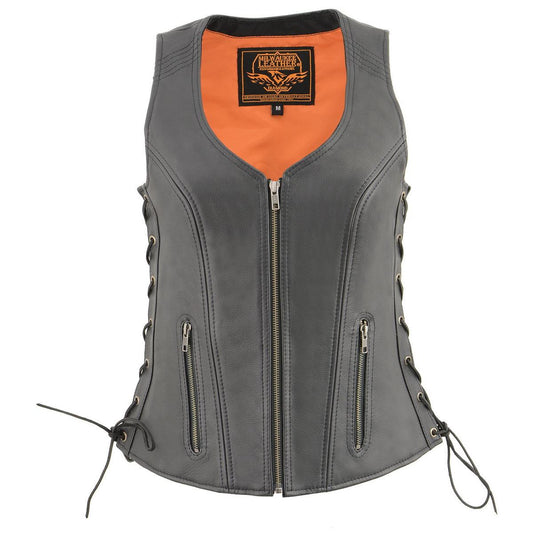 MLL4532 Women's Side Laced Premium Black Leather Motorcycle Rider Vest w/ Cool-Tec Leather Treatement