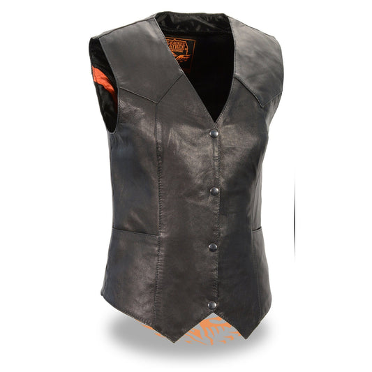 MLL4545 Women's Black Premium Leather Lightweight Classic 4-Snap V-Neck Motorcycle Rider Vest