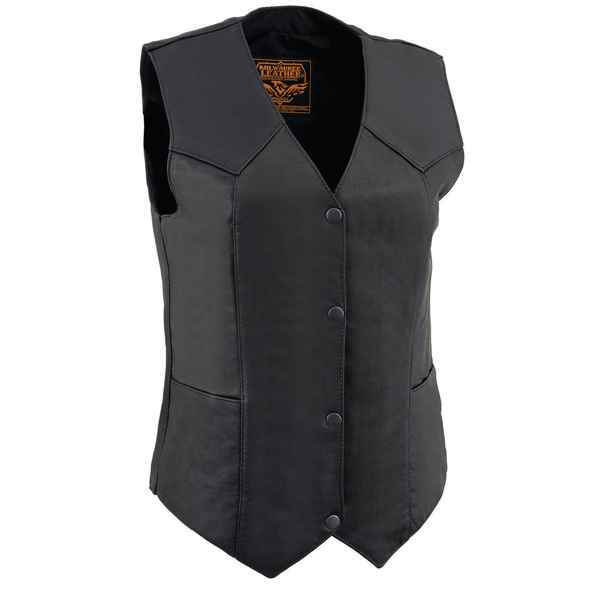 MLL4545 Women's Black Premium Leather Lightweight Classic 4-Snap V-Neck Motorcycle Rider Vest