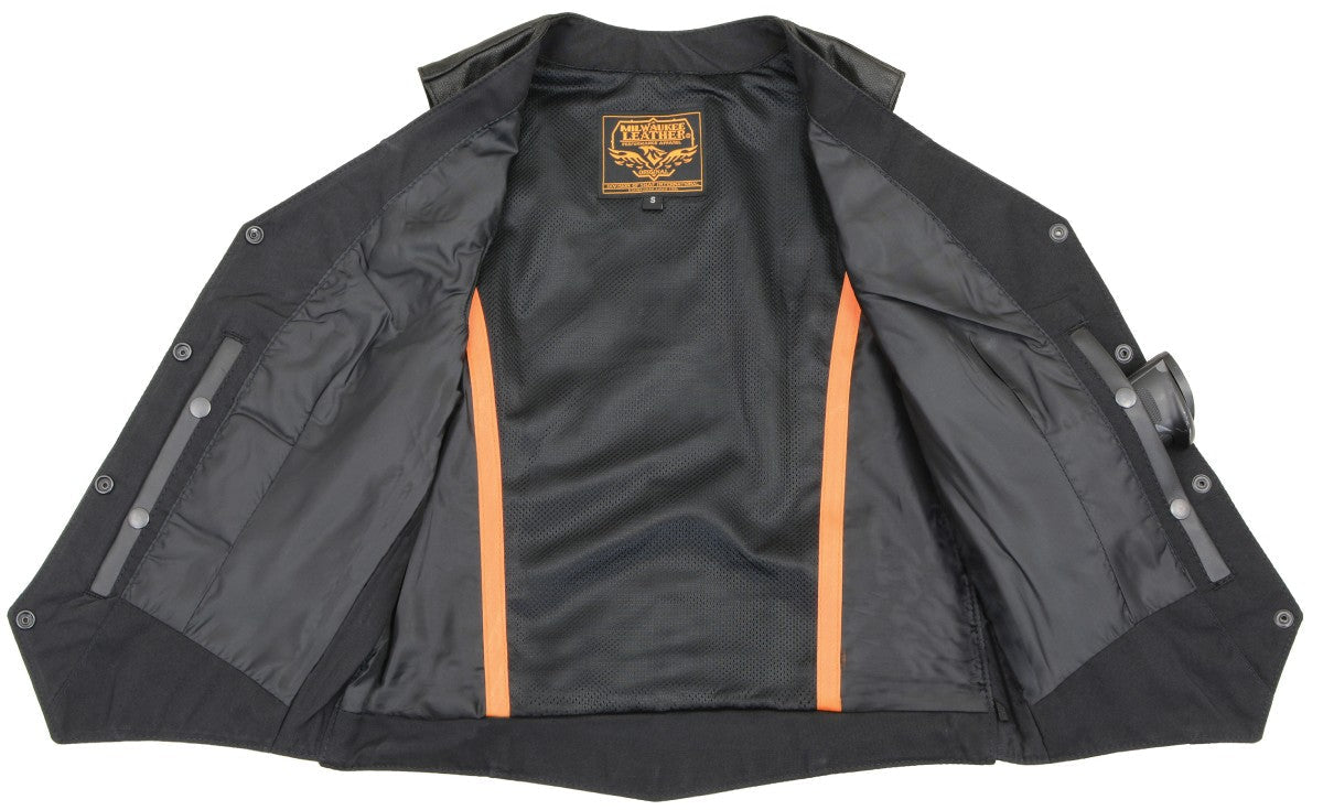 MLL4545 Women's Black Premium Leather Lightweight Classic 4-Snap V-Neck Motorcycle Rider Vest