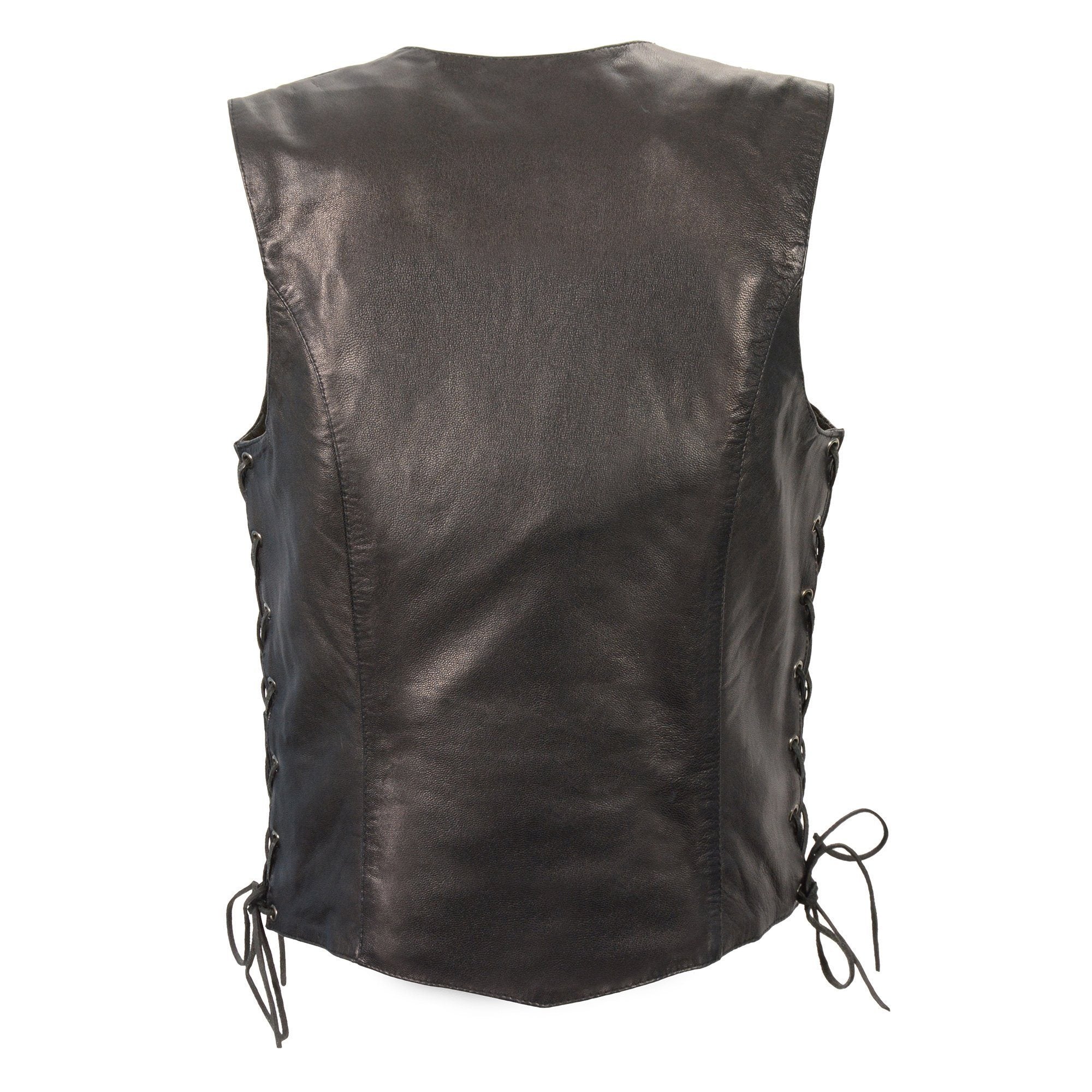 MLL4546 Women's Black Premium Leather Lightweight V-Neck Motorcycle Rider Vest w/ Side Laces