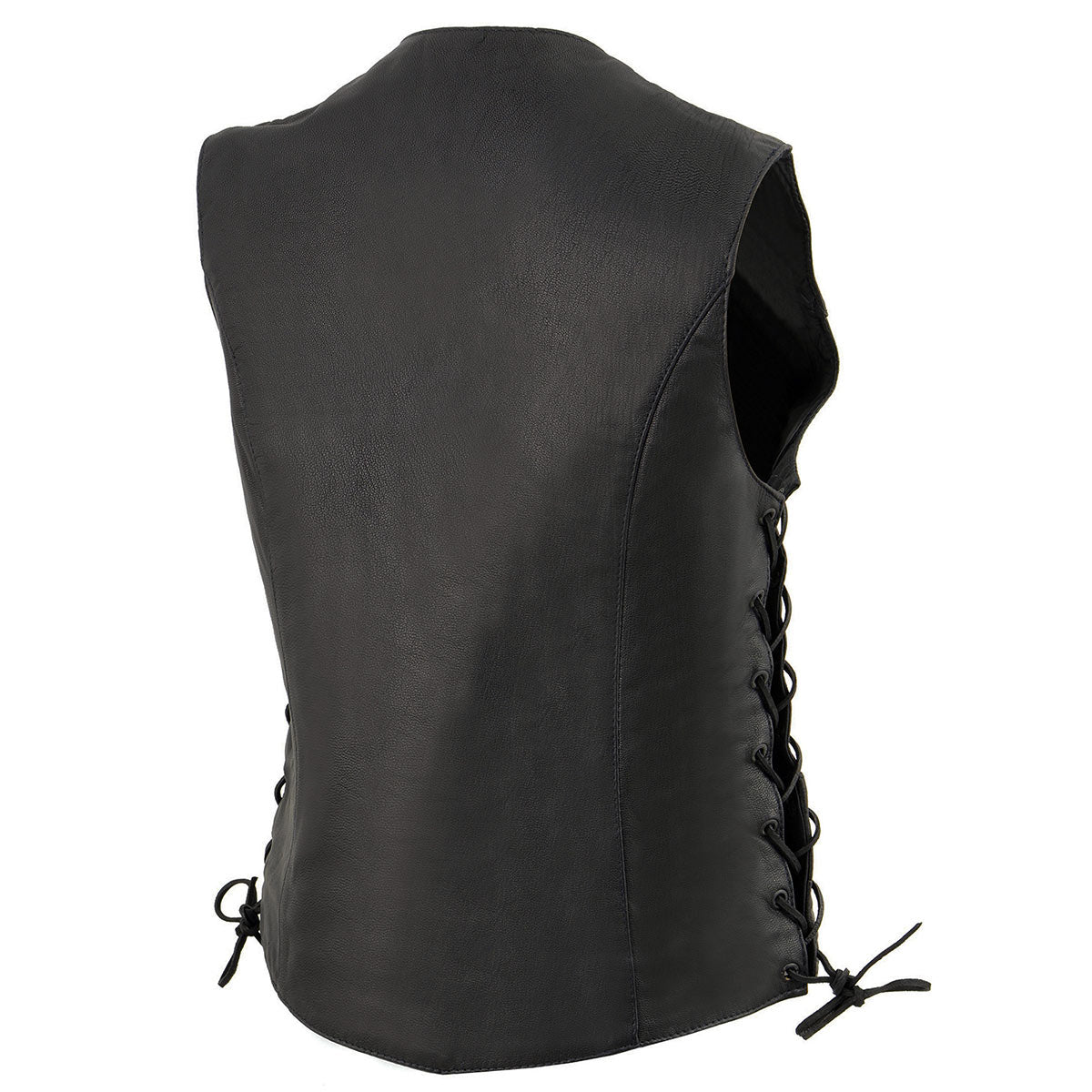 MLL4546 Women's Black Premium Leather Lightweight V-Neck Motorcycle Rider Vest w/ Side Laces