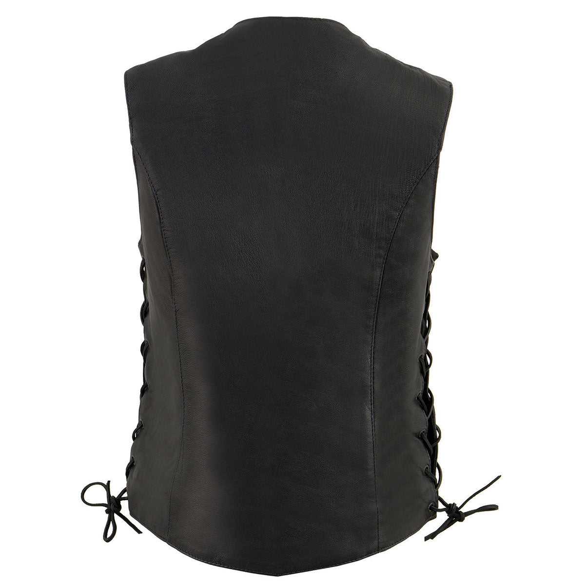 MLL4546 Women's Black Premium Leather Lightweight V-Neck Motorcycle Rider Vest w/ Side Laces
