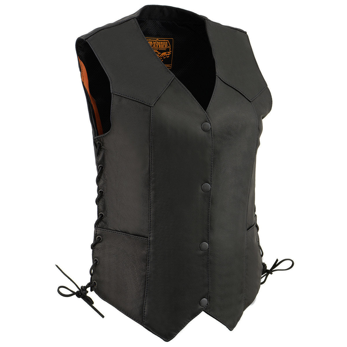 MLL4546 Women's Black Premium Leather Lightweight V-Neck Motorcycle Rider Vest w/ Side Laces