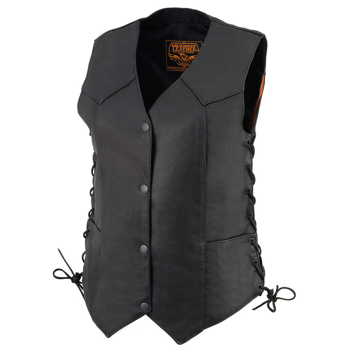 MLL4546 Women's Black Premium Leather Lightweight V-Neck Motorcycle Rider Vest w/ Side Laces