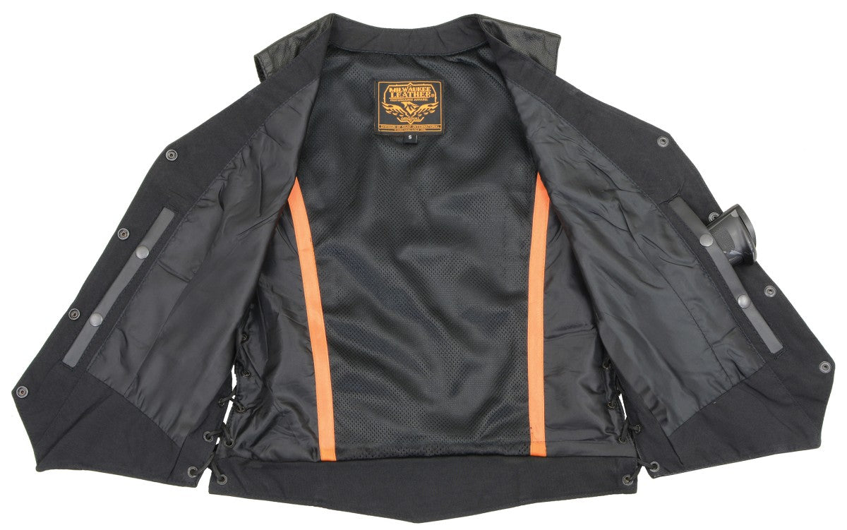 MLL4546 Women's Black Premium Leather Lightweight V-Neck Motorcycle Rider Vest w/ Side Laces