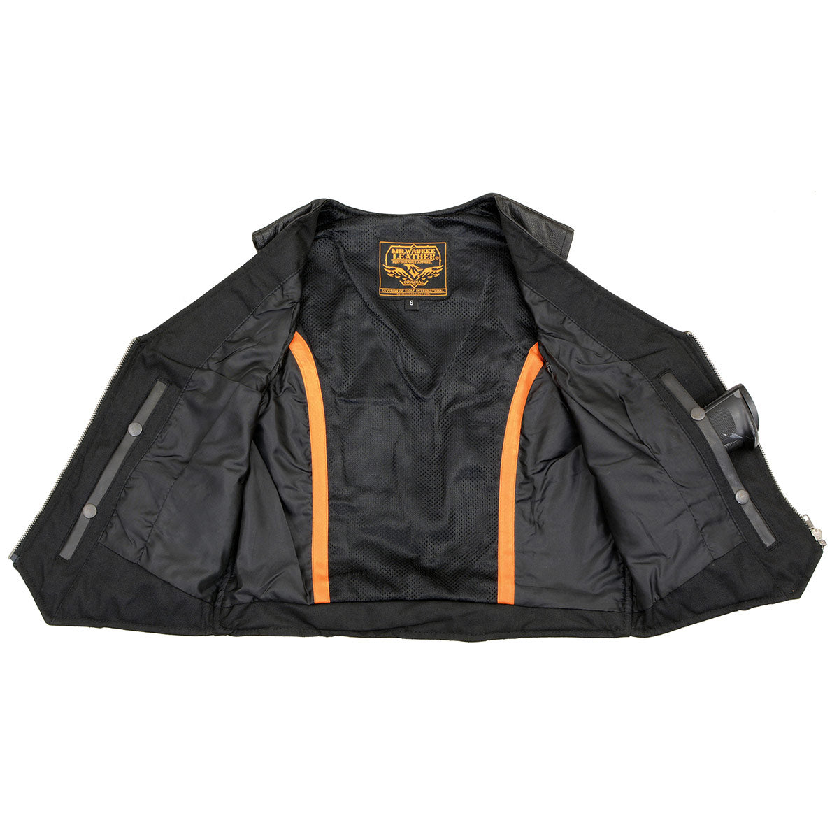 MLL4550 Women's Black Premium Leather Classic Braided Deep V-Neck Motorcycle Rider Vest W/Front Zip