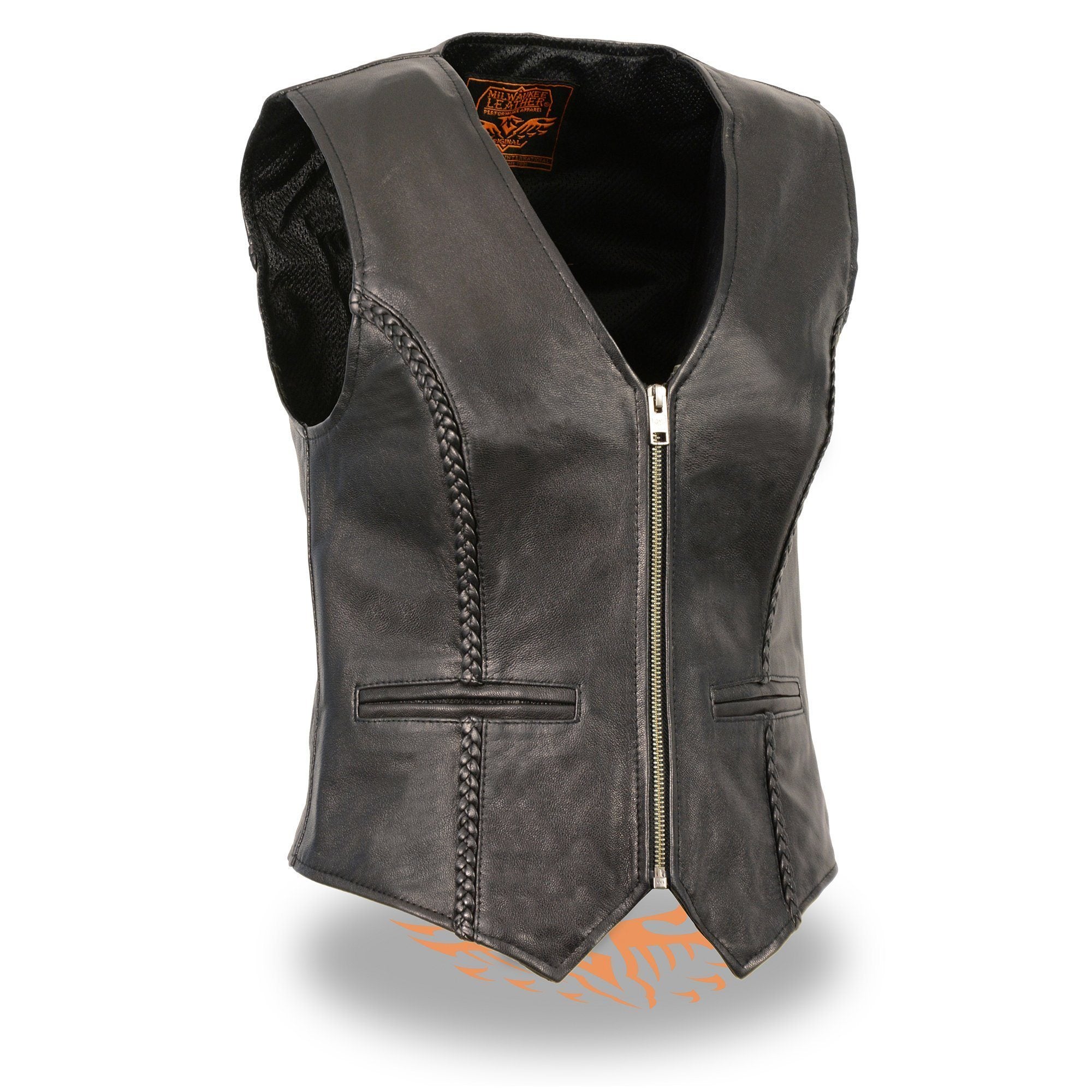 MLL4550 Women's Black Premium Leather Classic Braided Deep V-Neck Motorcycle Rider Vest W/Front Zip