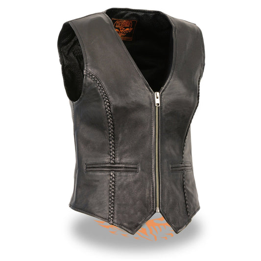 MLL4550 Women's Black Premium Leather Classic Braided Deep V-Neck Motorcycle Rider Vest W/Front Zip