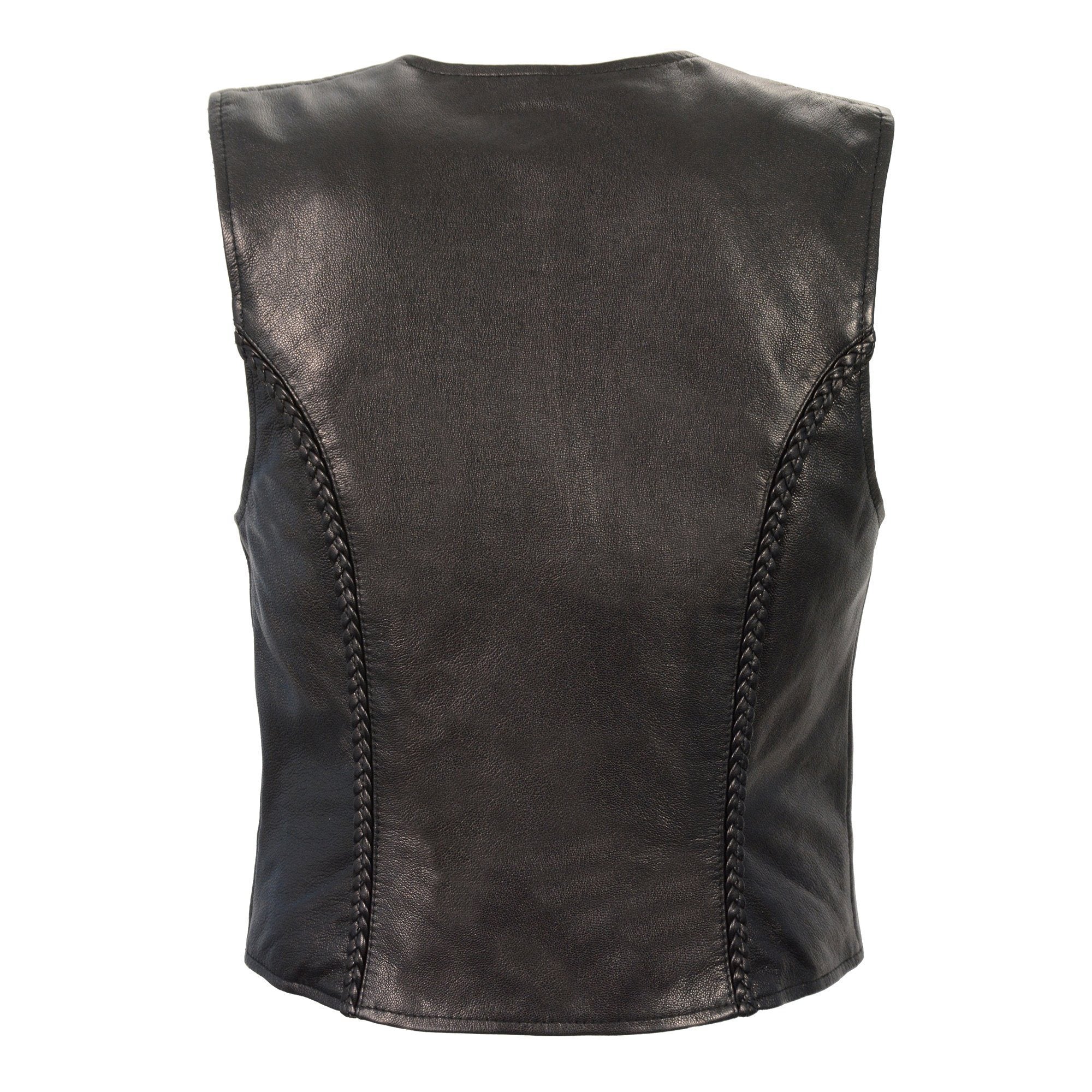 MLL4550 Women's Black Premium Leather Classic Braided Deep V-Neck Motorcycle Rider Vest W/Front Zip