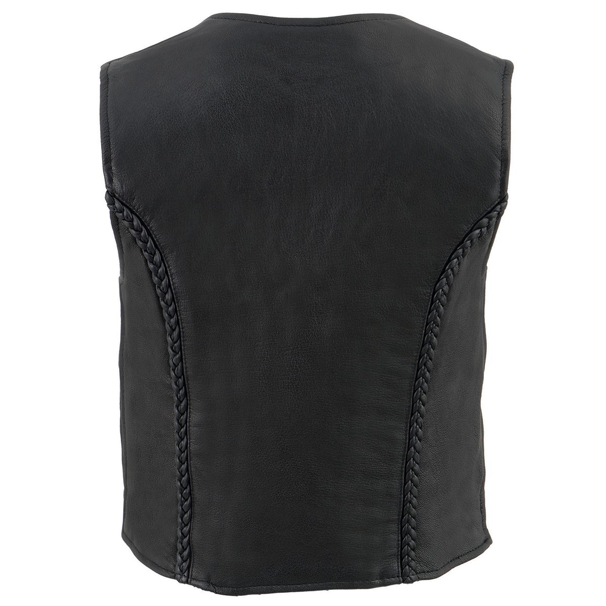 MLL4550 Women's Black Premium Leather Classic Braided Deep V-Neck Motorcycle Rider Vest W/Front Zip