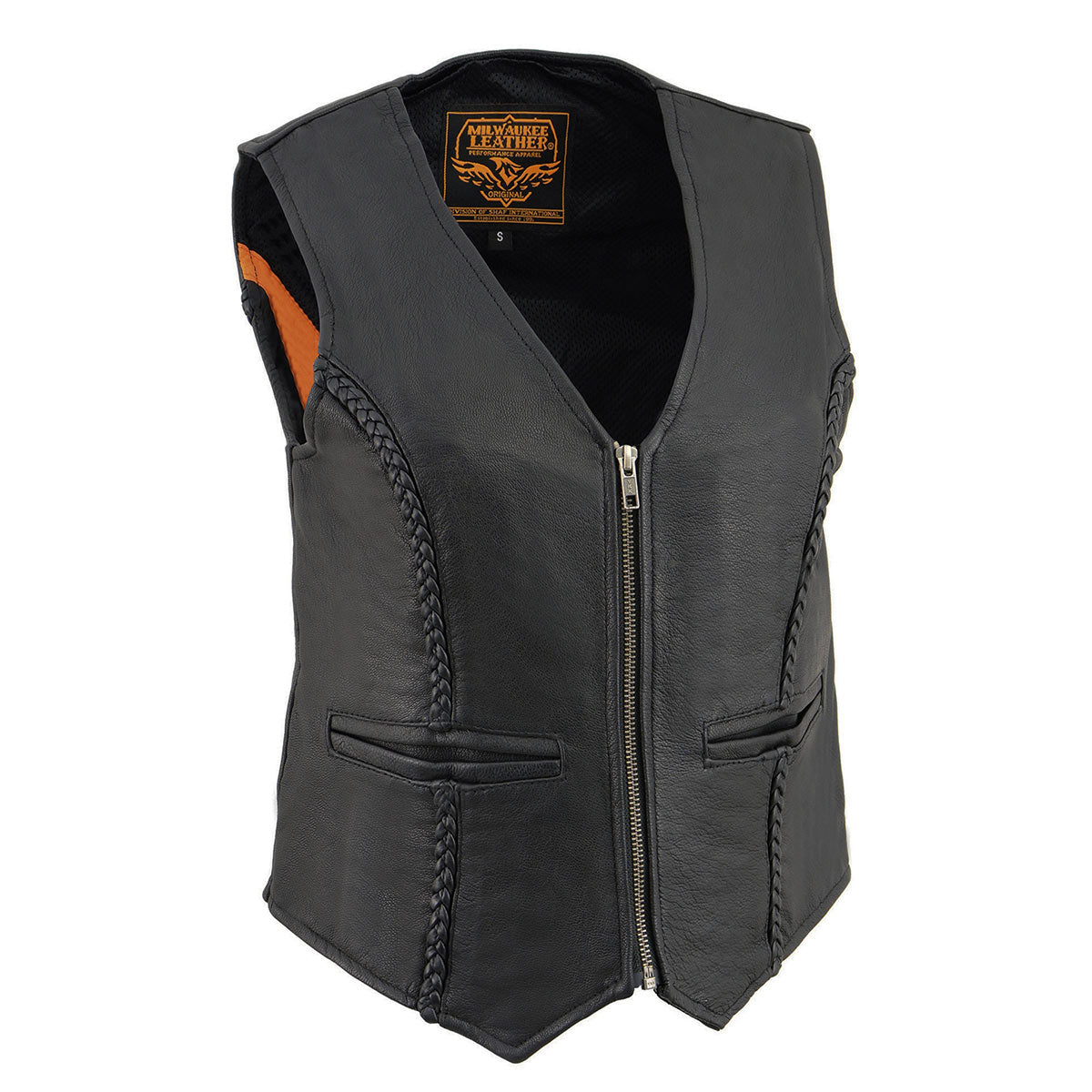MLL4550 Women's Black Premium Leather Classic Braided Deep V-Neck Motorcycle Rider Vest W/Front Zip
