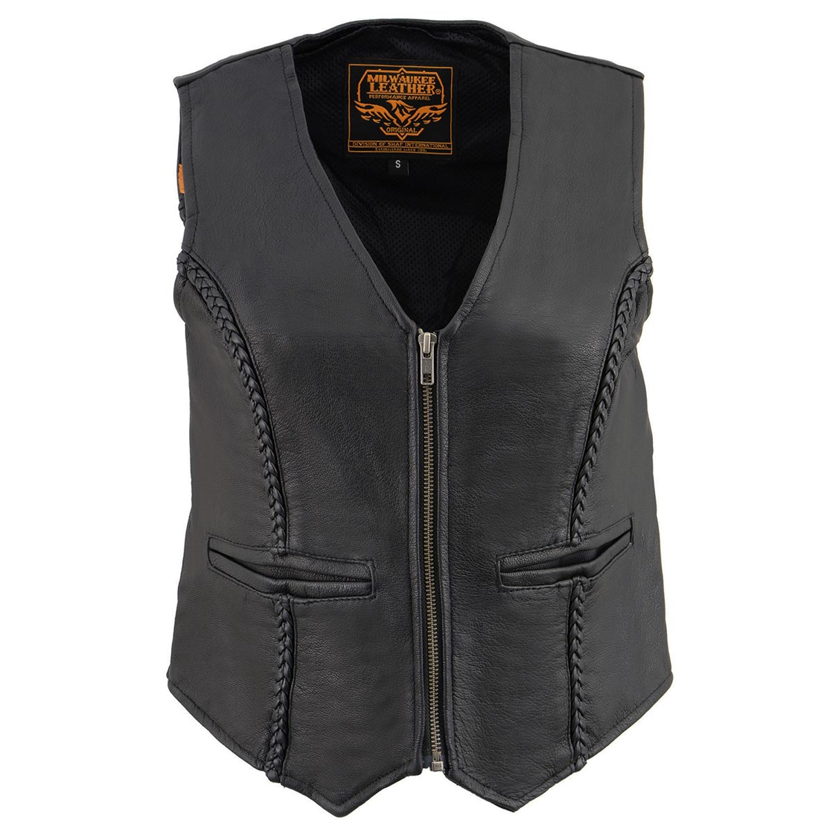 MLL4550 Women's Black Premium Leather Classic Braided Deep V-Neck Motorcycle Rider Vest W/Front Zip