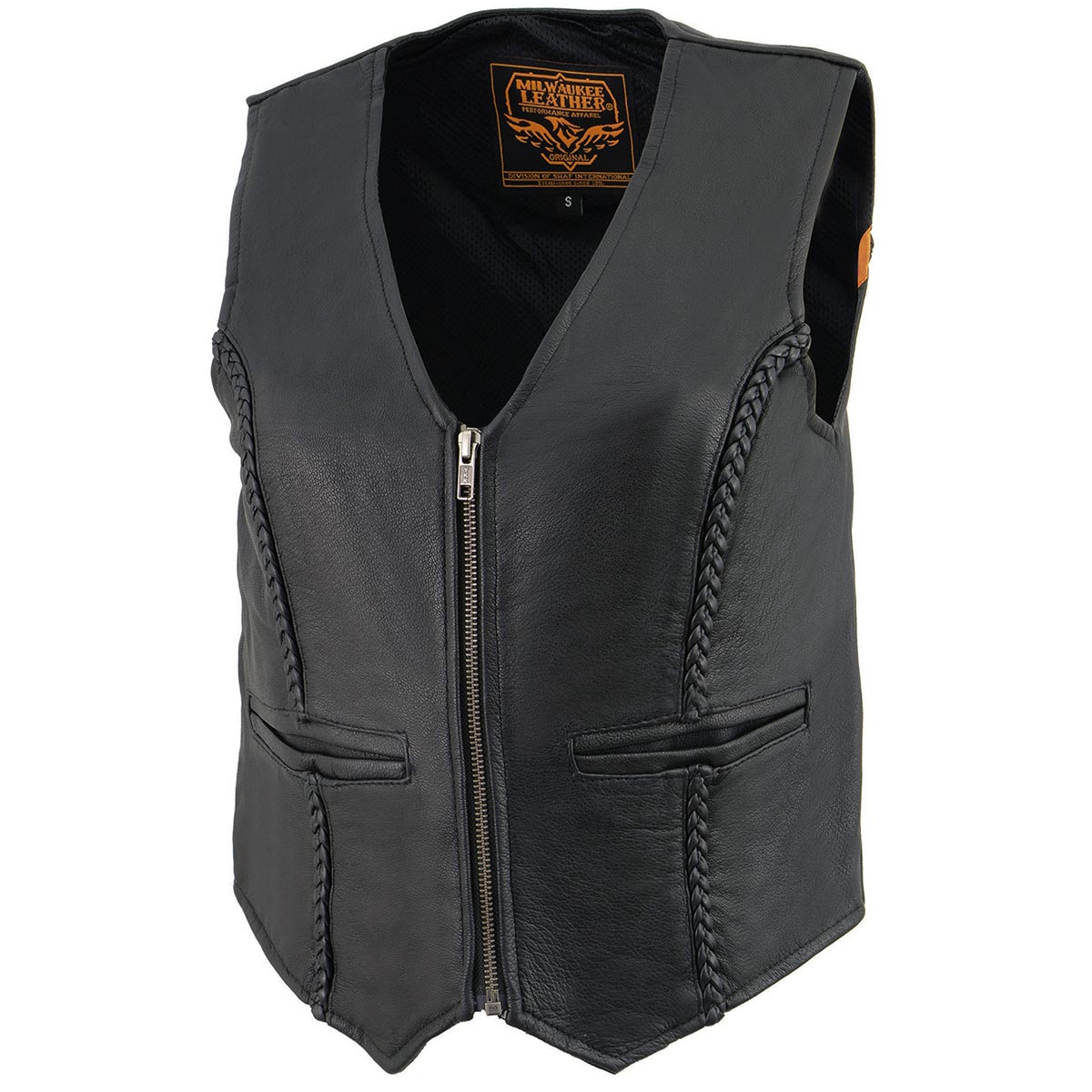 MLL4550 Women's Black Premium Leather Classic Braided Deep V-Neck Motorcycle Rider Vest W/Front Zip