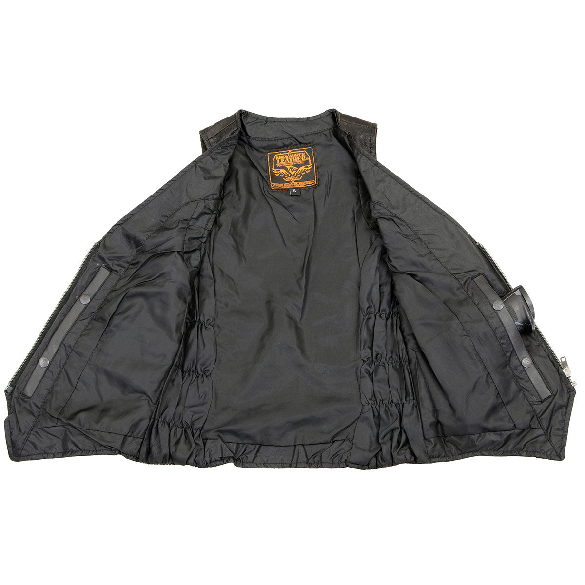 MLL4555 Women's Black Premium Leather Zipper Closure Motorcycle Rider Vest w/ Stretch Side Panel