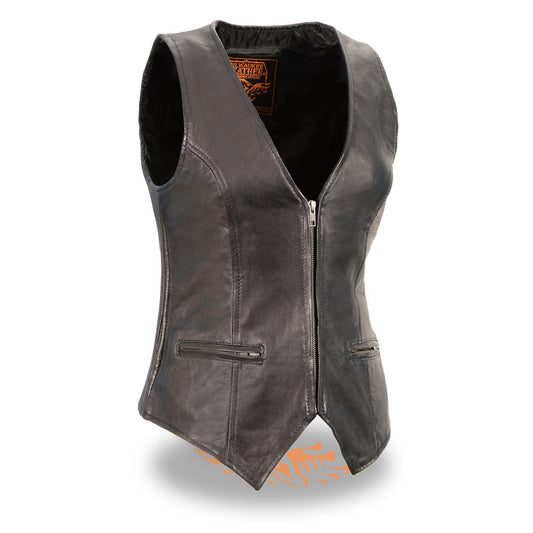 MLL4555 Women's Black Premium Leather Zipper Closure Motorcycle Rider Vest w/ Stretch Side Panel