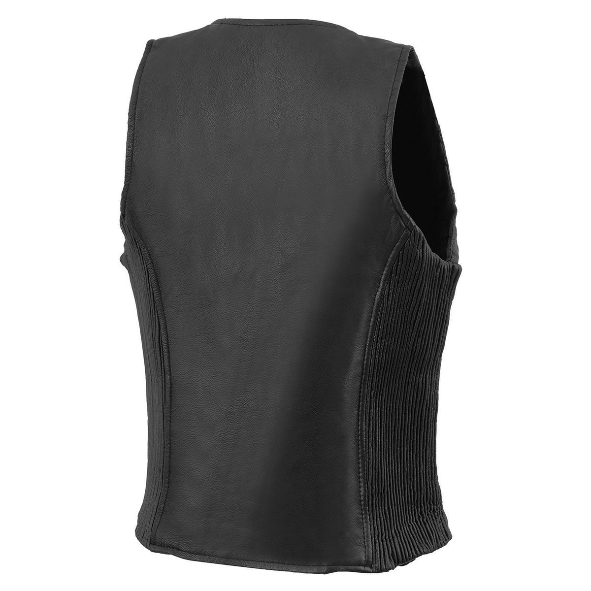 MLL4555 Women's Black Premium Leather Zipper Closure Motorcycle Rider Vest w/ Stretch Side Panel