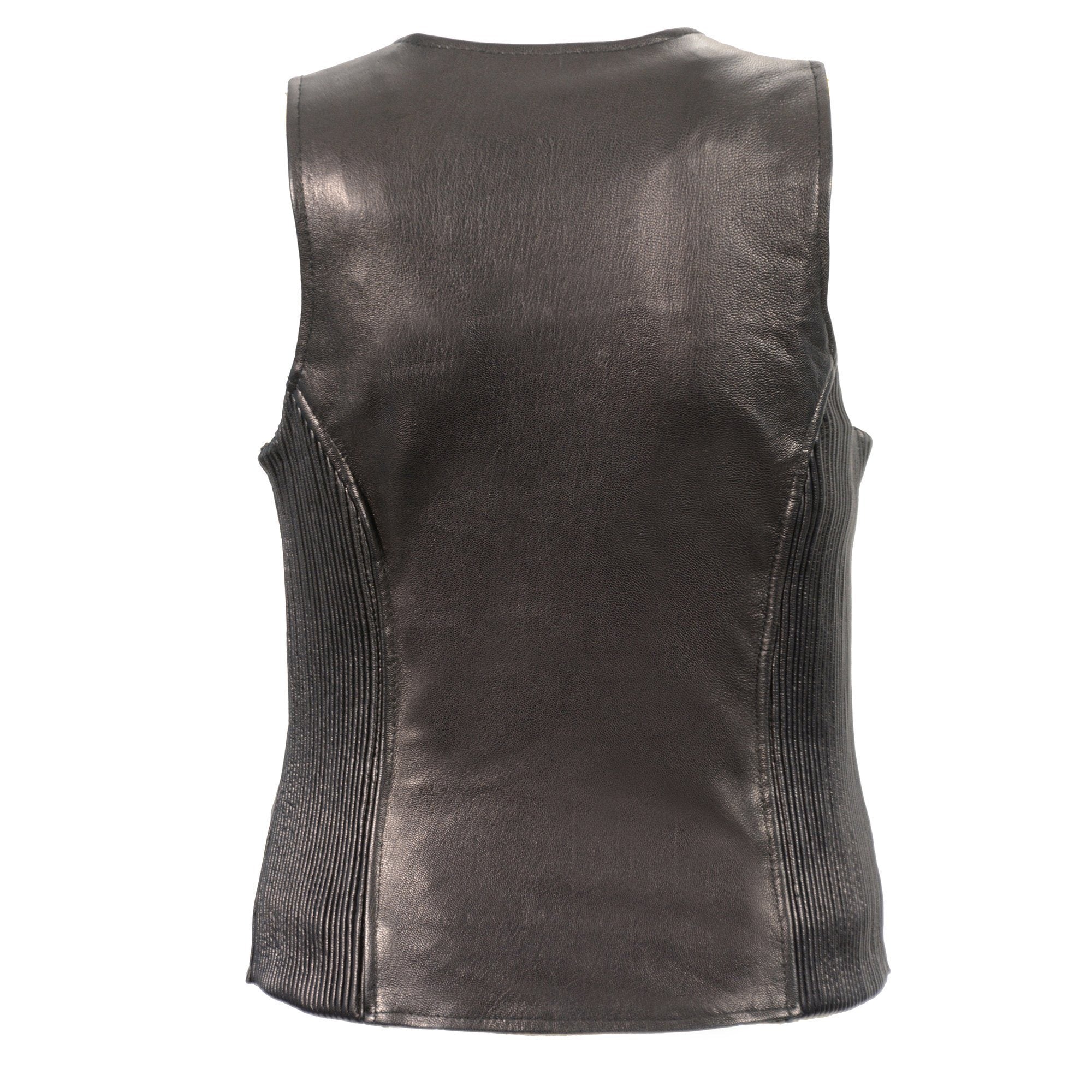 MLL4555 Women's Black Premium Leather Zipper Closure Motorcycle Rider Vest w/ Stretch Side Panel