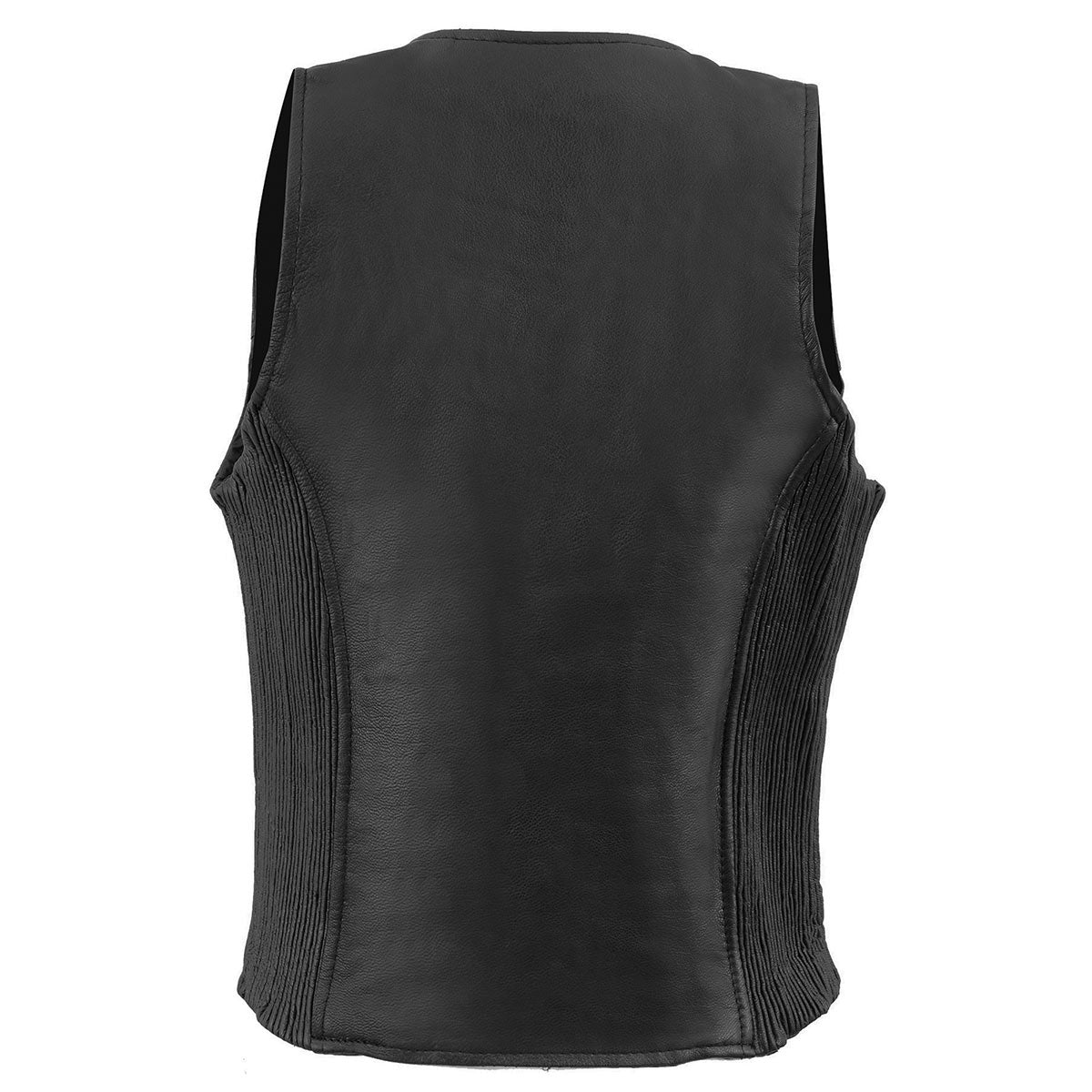 MLL4555 Women's Black Premium Leather Zipper Closure Motorcycle Rider Vest w/ Stretch Side Panel