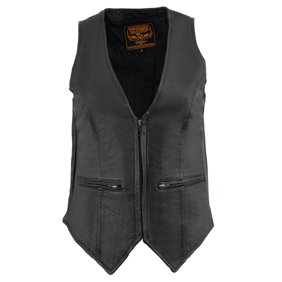 MLL4555 Women's Black Premium Leather Zipper Closure Motorcycle Rider Vest w/ Stretch Side Panel