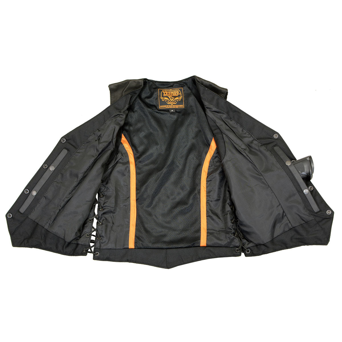 MLL4560 Women's Black Premium Leather Classic Braided Side Lace Deep V-Neck Motorcycle Rider Vest