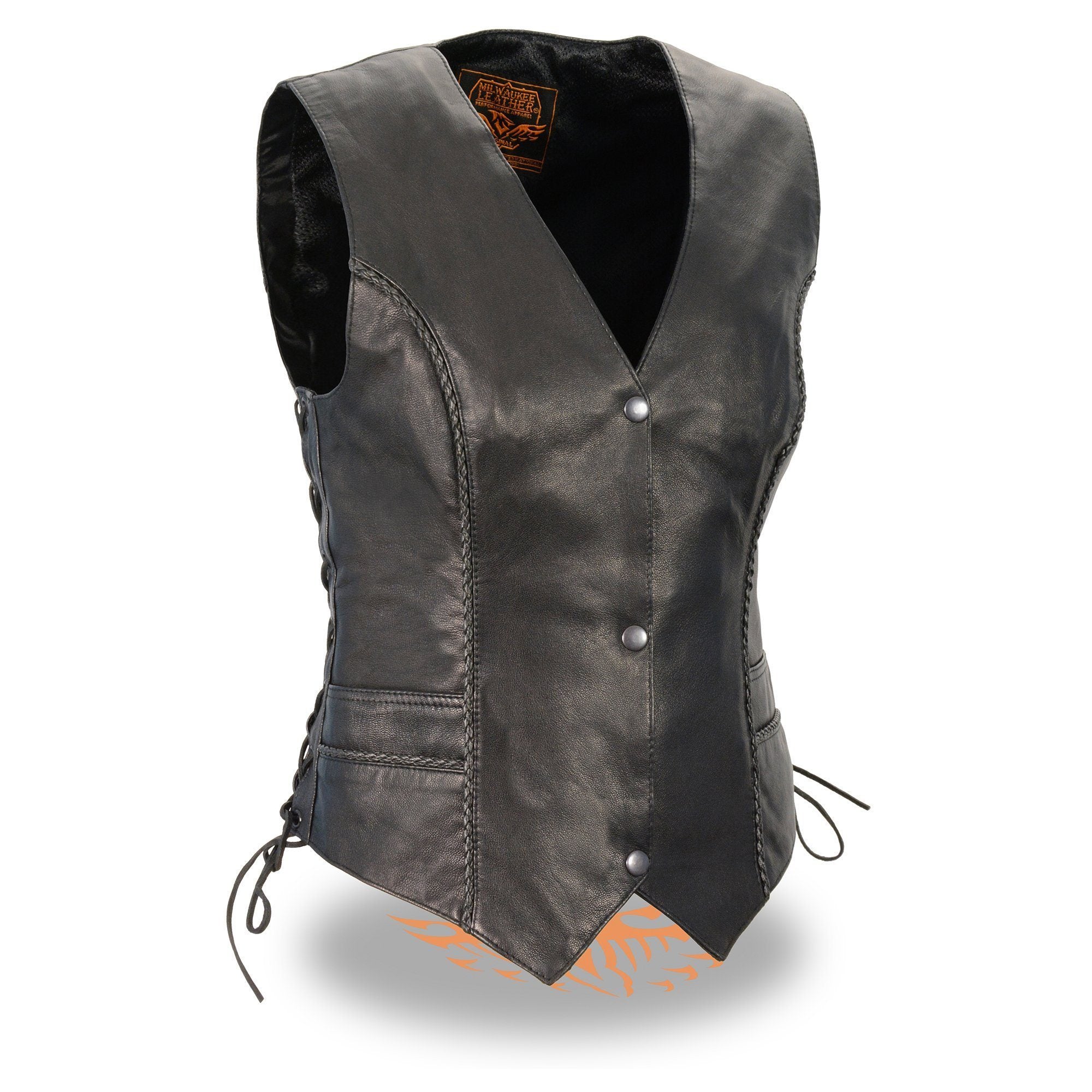 MLL4560 Women's Black Premium Leather Classic Braided Side Lace Deep V-Neck Motorcycle Rider Vest
